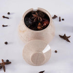 Decorative stone container with star anise and cloves on a white background