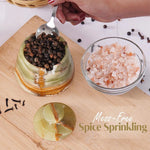 Spice container with a spoon and salt on a wooden board, featuring 'Mess-Free Spice Sprinkling' text.