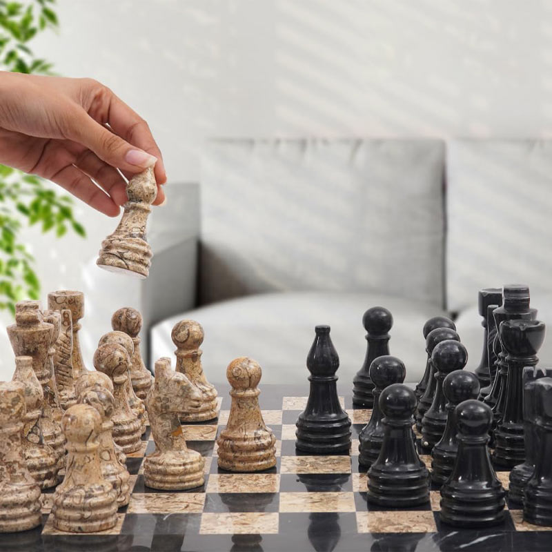 15" Black and Fossil Coral Chess Set (With Storage Box)
