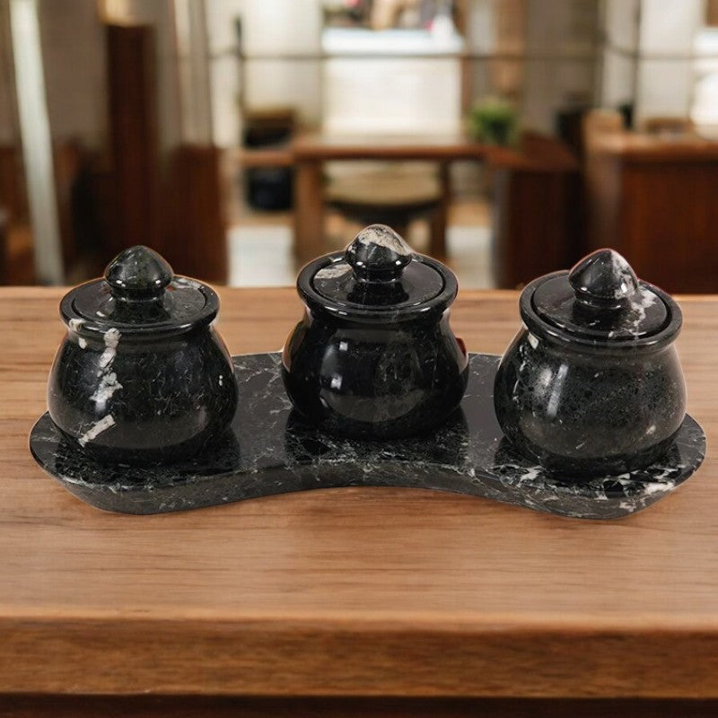 Marble Salt Cellar With Lid & Tray Set of 3