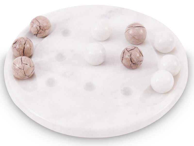 A white marble Tic Tac Toe board with ten maroon and white marble balls on it, displayed against a white background.